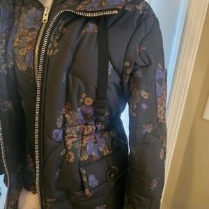 Coach Black Quilted Puffer Jacket with Purple Floral Print